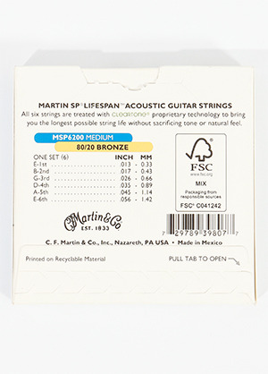 Martin MSP6200 80/20 Bronze SP Lifespan Acoustic Guitar Strings Medium 마틴 브론즈 라이프스판 어쿠스틱 기타줄 미디엄 (013-056 국내정식수입품)