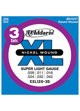 D&#039;Addario EXL120-3D XL Nickel Round Wound 3 Sets Super Light 다다리오 니켈 일렉기타줄 3세트 (009-042 국내정식수입품)